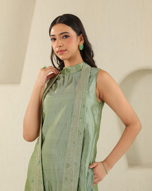 Long Tie Silk Dress - Matcha Green