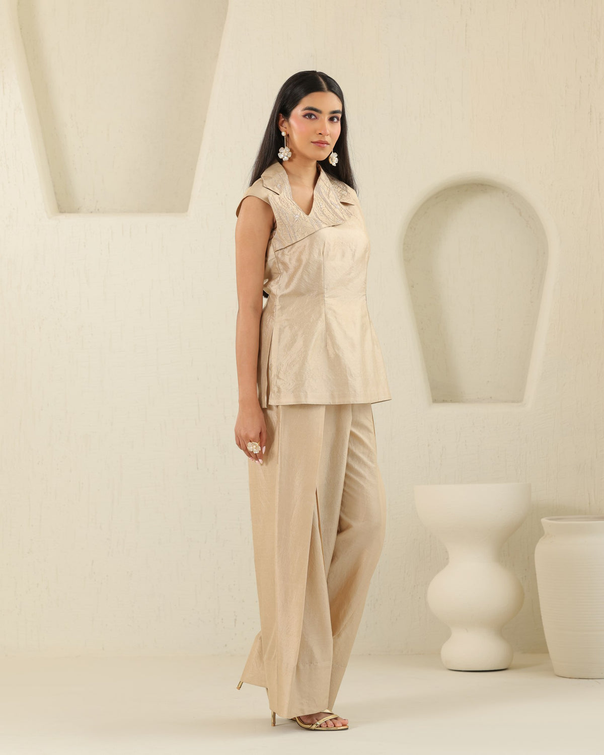 Cross Lapel Silk Set - Honey Milk