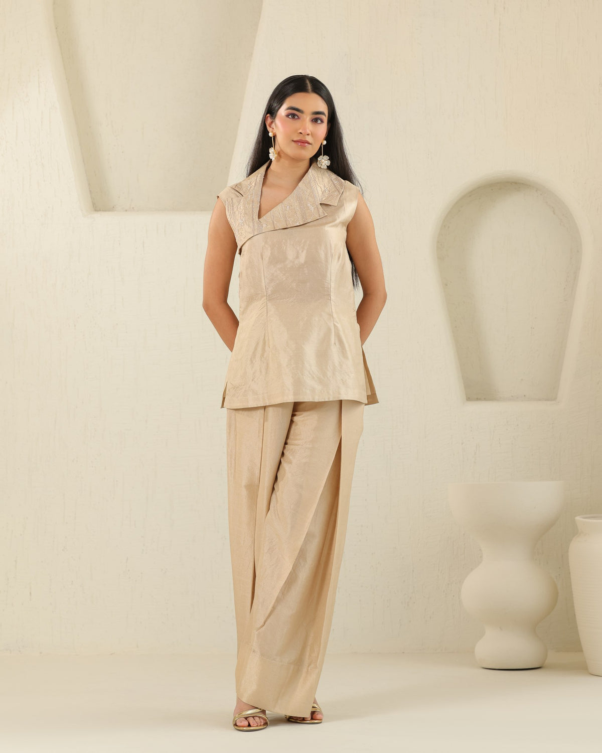 Cross Lapel Silk Set - Honey Milk