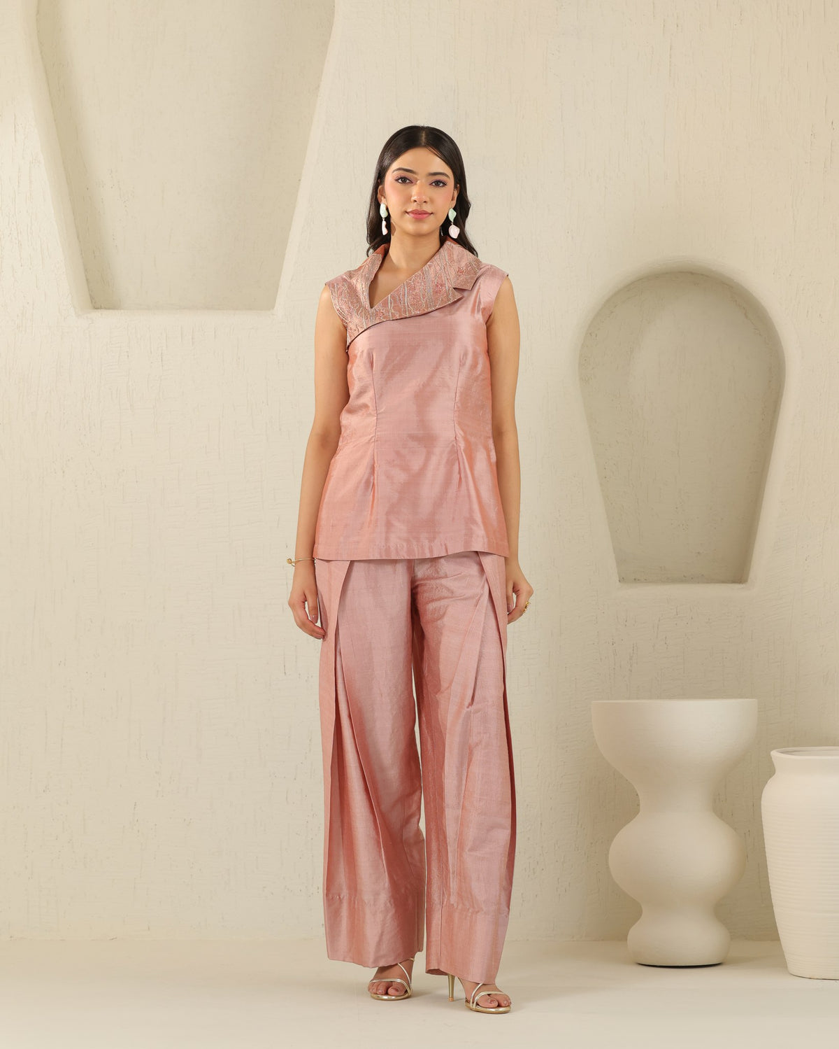 Cross Lapel Silk Set - Tea Rose