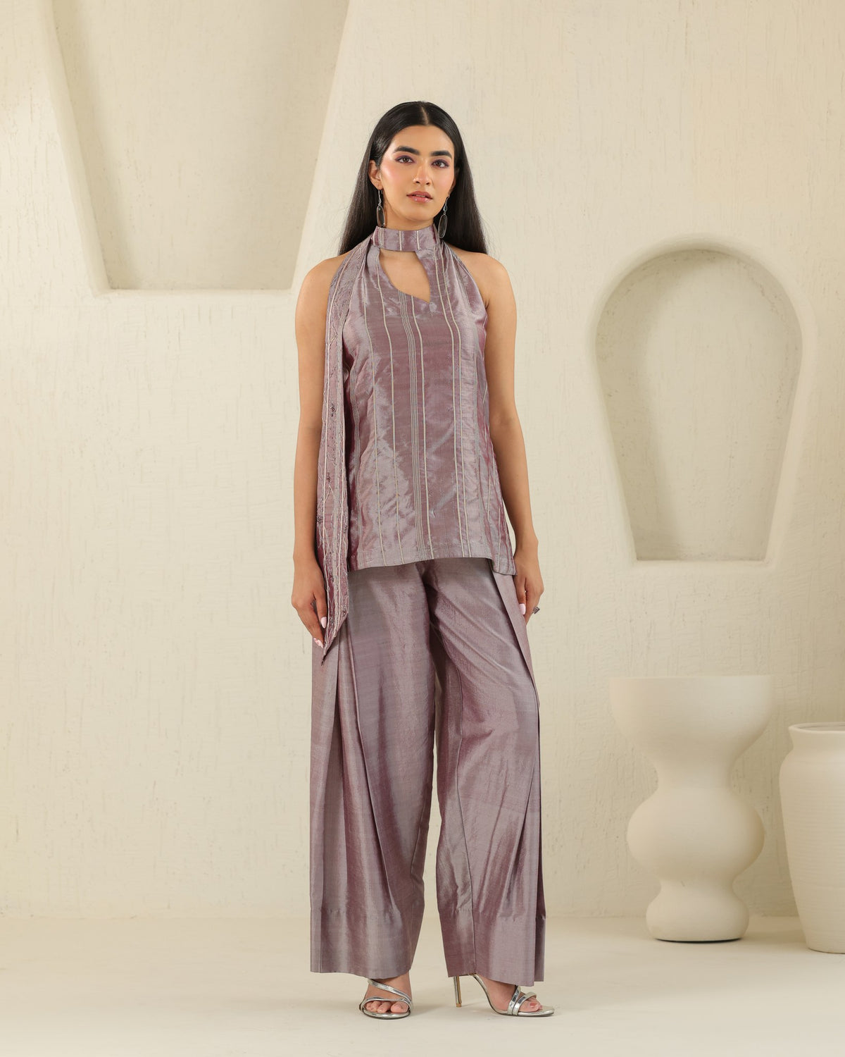 Halter Leaf Silk Set - Plum Ash