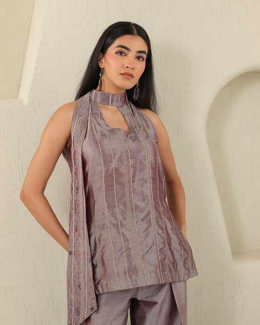 Halter Leaf Silk Set - Plum Ash