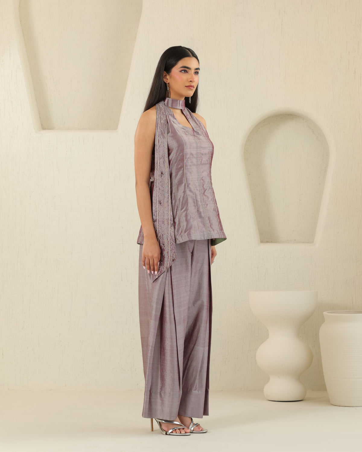 Halter Leaf Silk Set - Plum Ash
