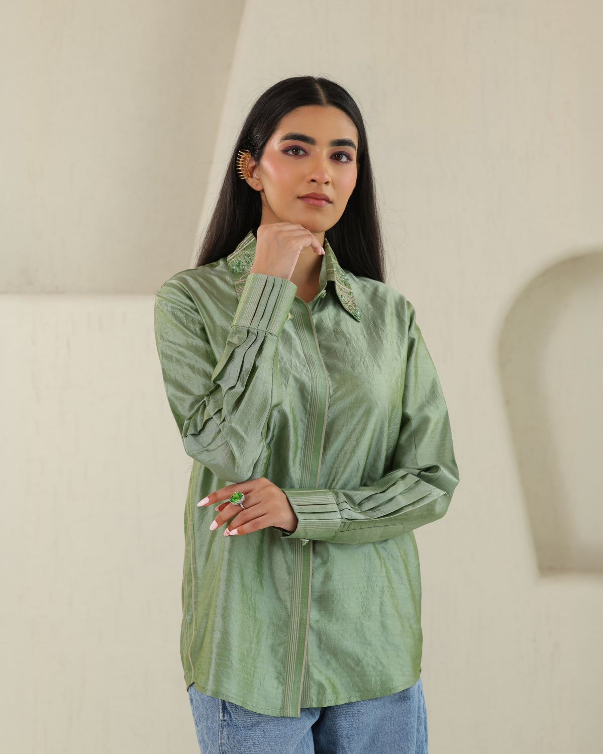 Handloom Silk Shirt - Matcha Green