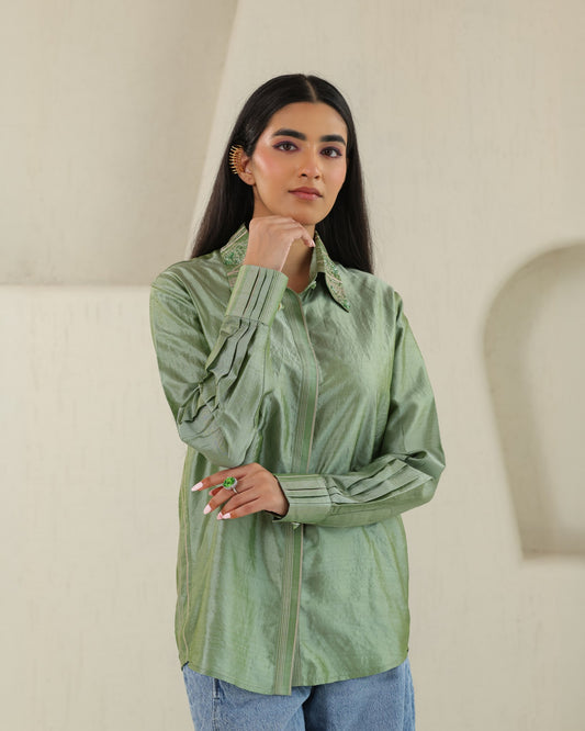 Handloom Silk Shirt - Matcha Green
