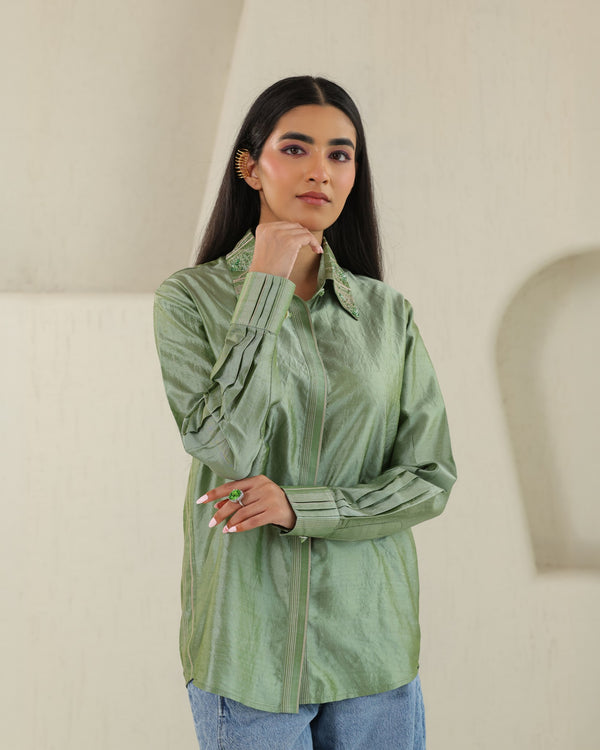 Handloom Silk Shirt - Matcha Green