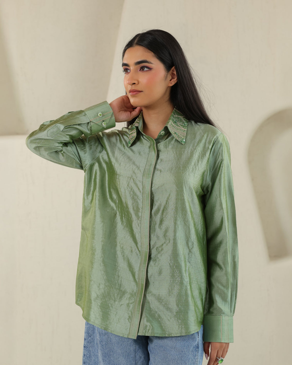 Handloom Silk Shirt - Matcha Green
