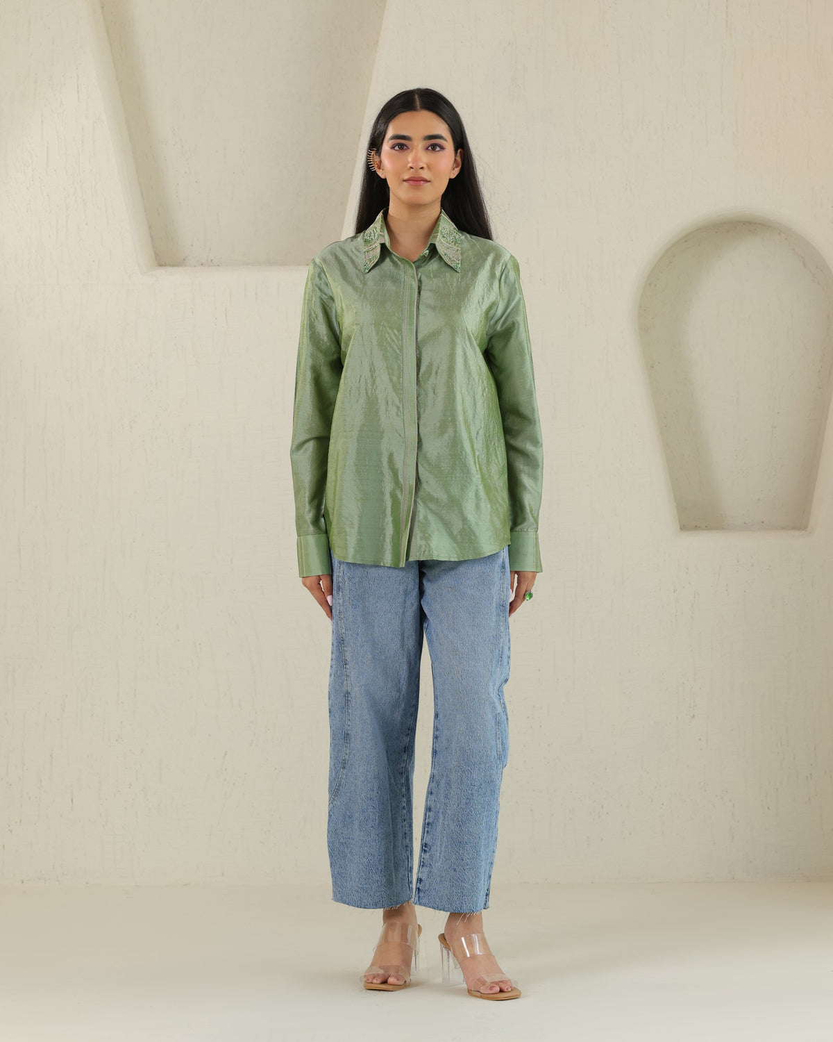 Handloom Silk Shirt - Matcha Green