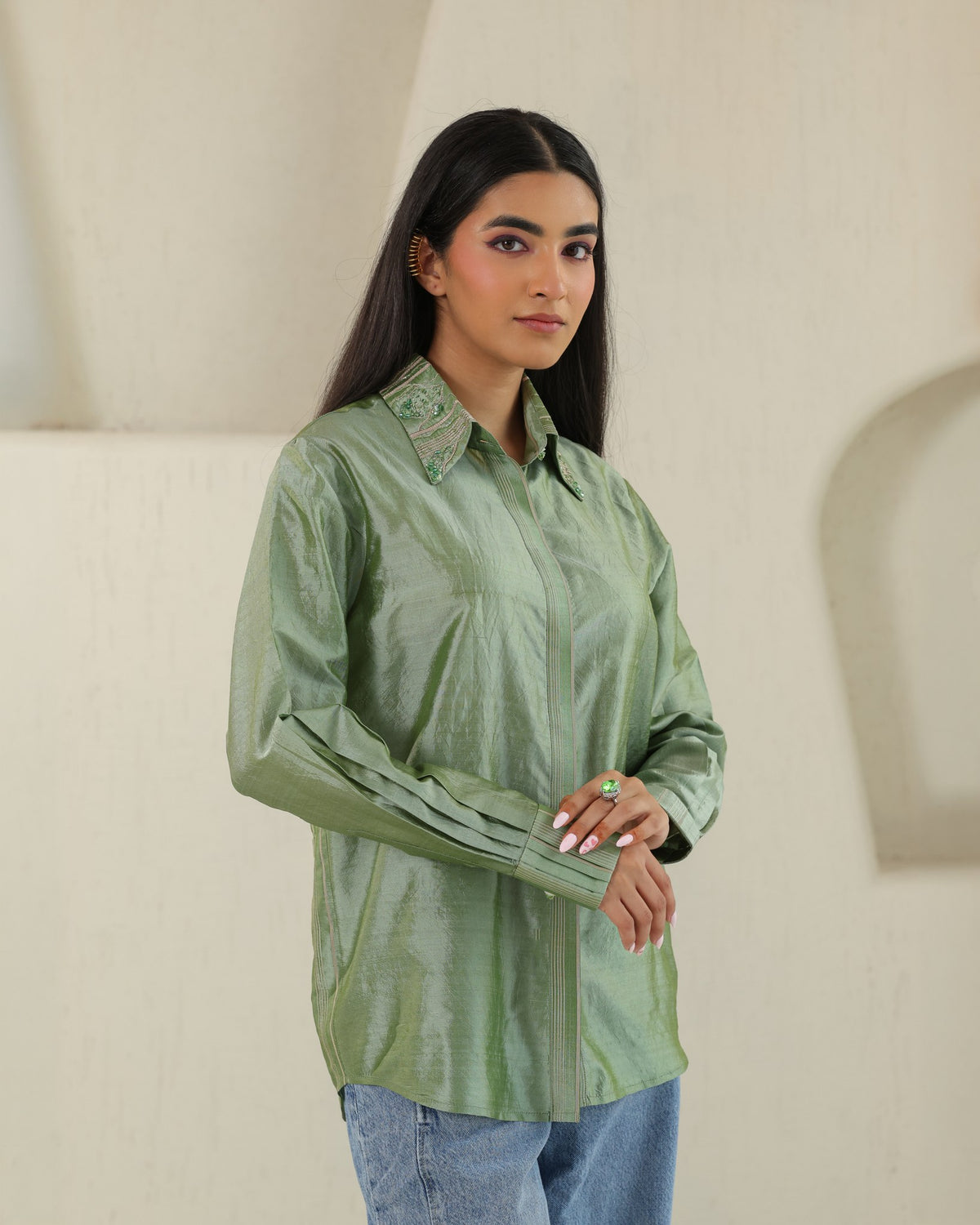 Handloom Silk Shirt - Matcha Green