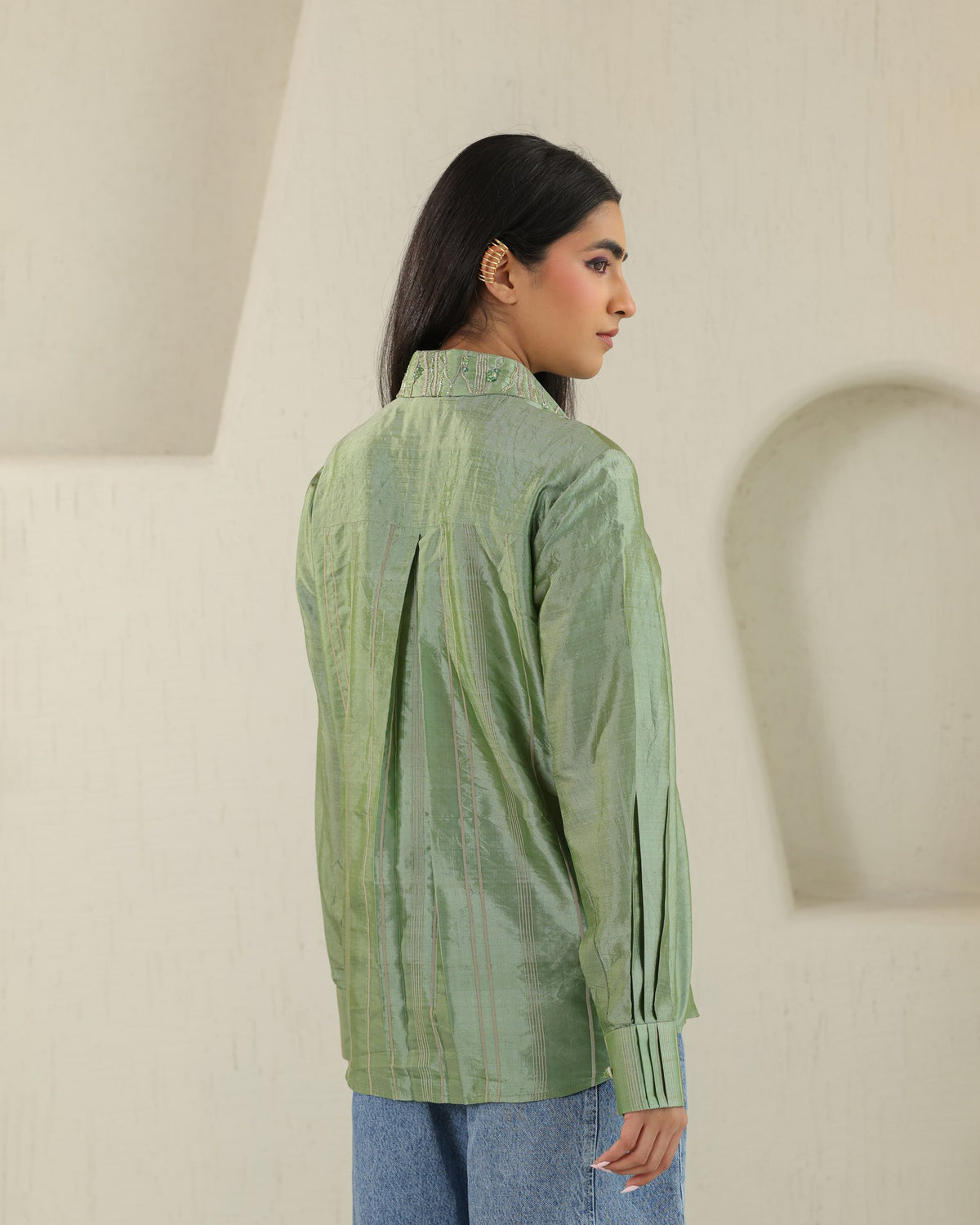 Handloom Silk Shirt - Matcha Green