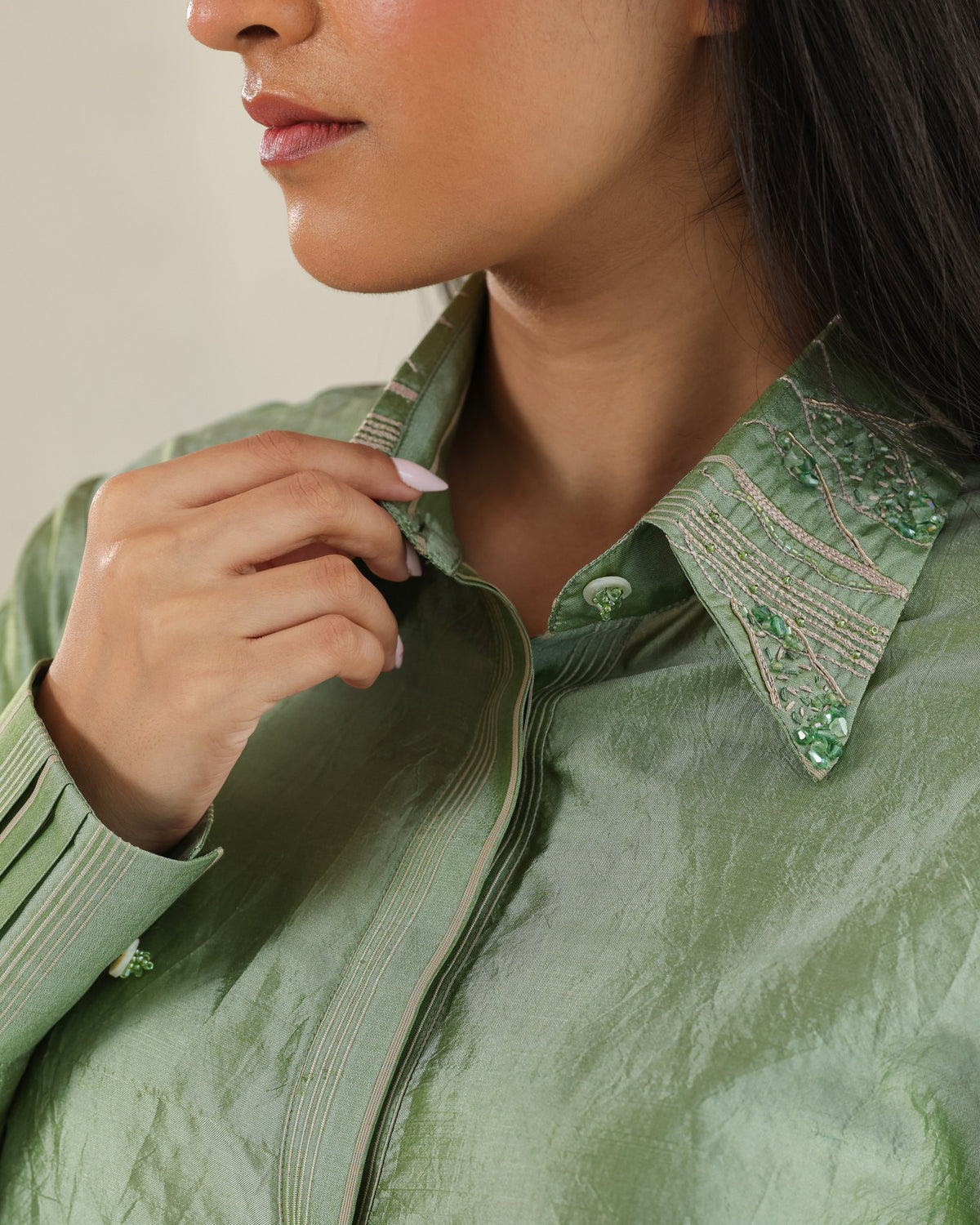 Handloom Silk Shirt - Matcha Green