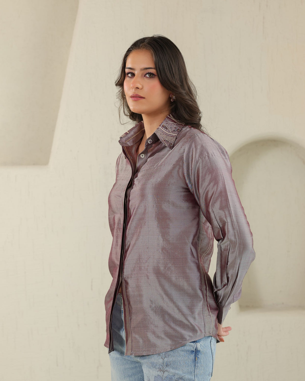 Handloom Silk Shirt - Plum Ash