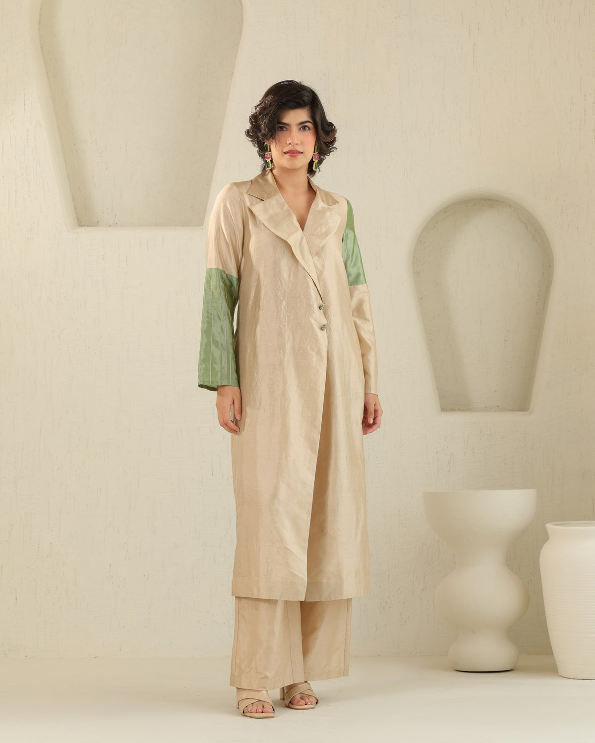 Long Lapel Silk Set - Honey Milk
