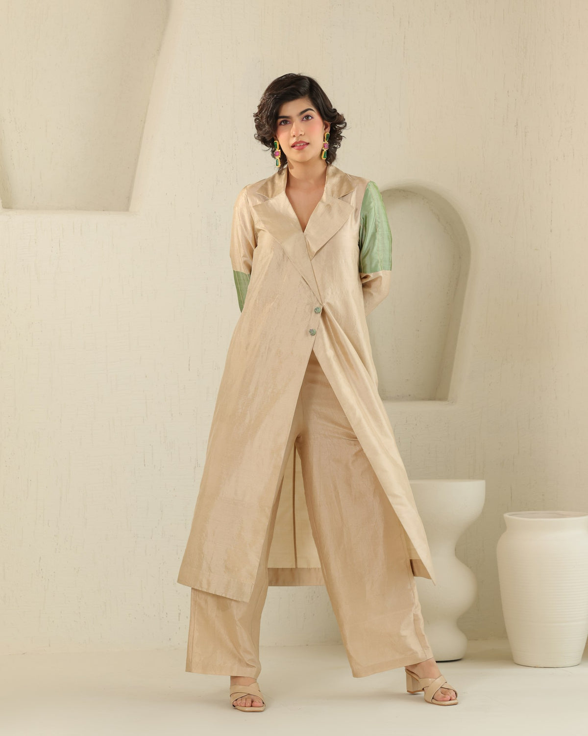 Long Lapel Silk Set - Honey Milk