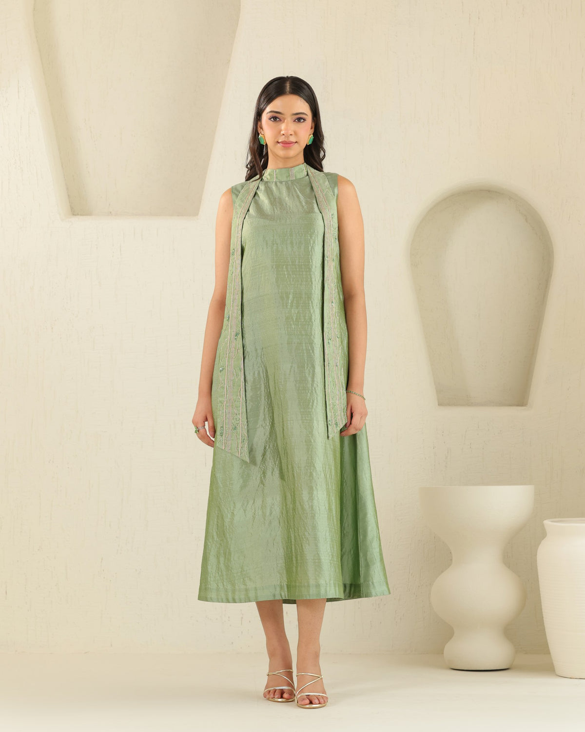 Long Tie Silk Dress - Matcha Green