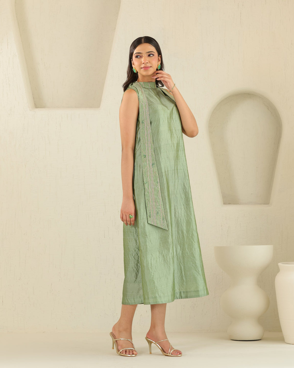 Long Tie Silk Dress - Matcha Green