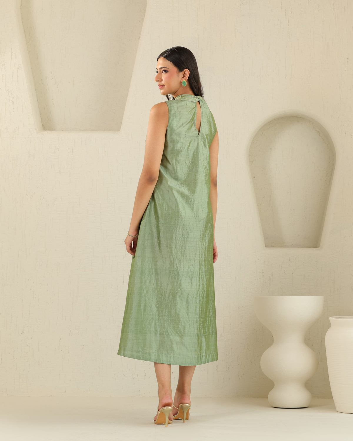 Long Tie Silk Dress - Matcha Green