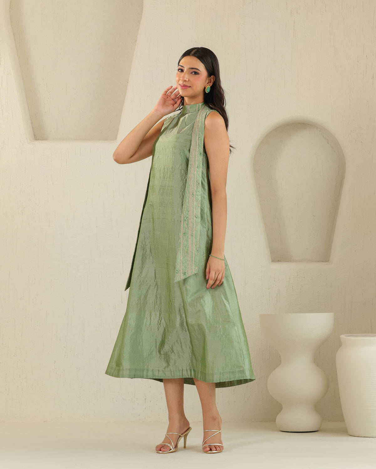 Long Tie Silk Dress - Matcha Green