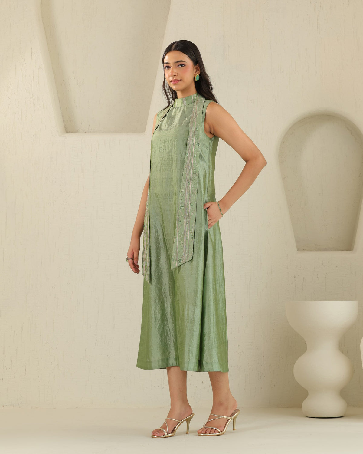 Long Tie Silk Dress - Matcha Green