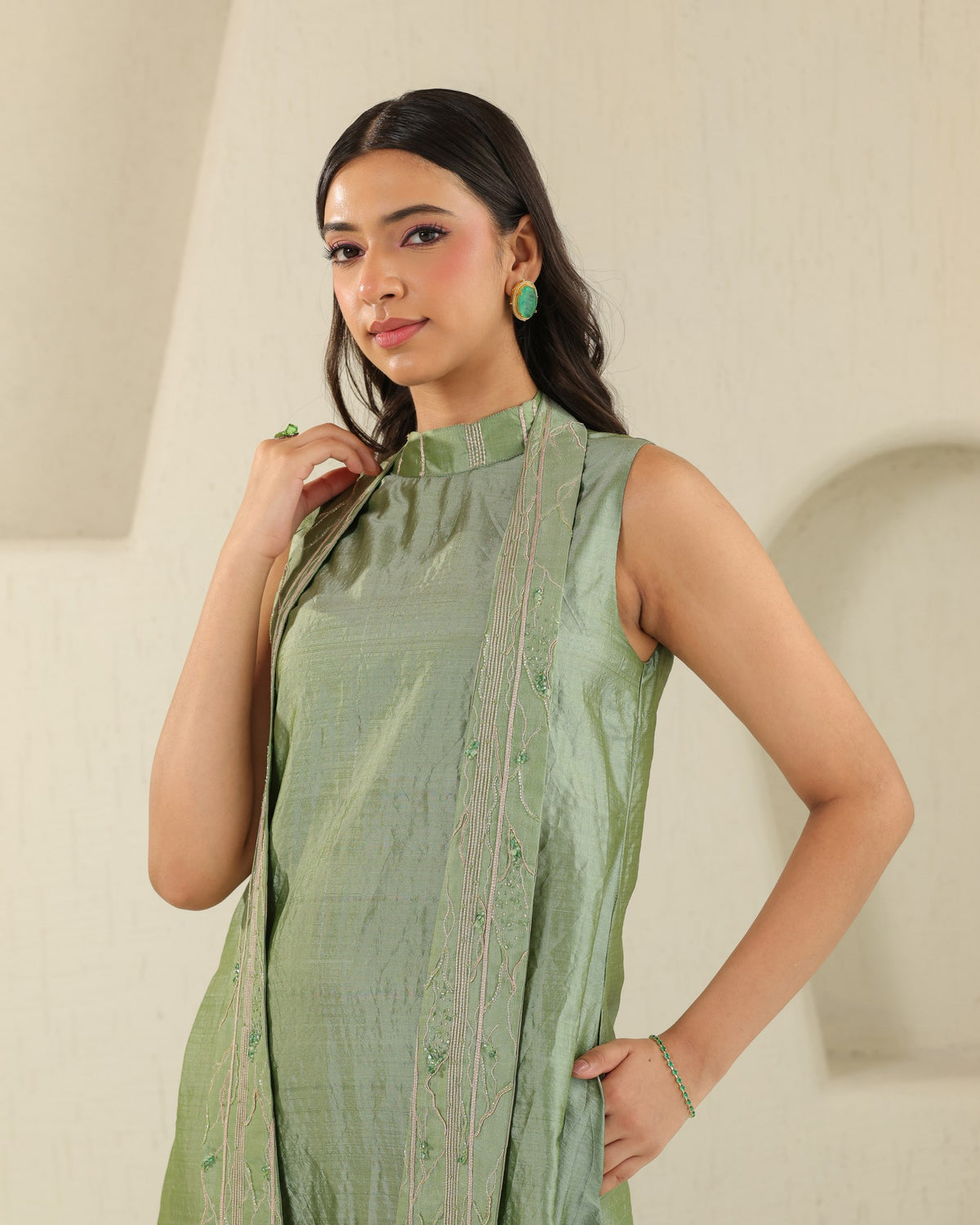 Long Tie Silk Dress - Matcha Green