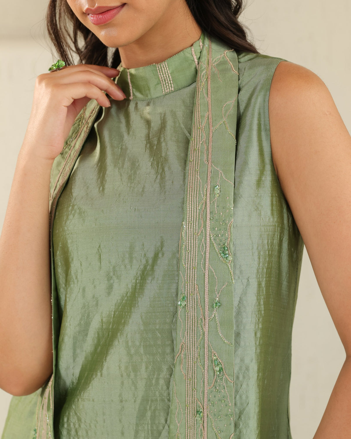 Long Tie Silk Dress - Matcha Green