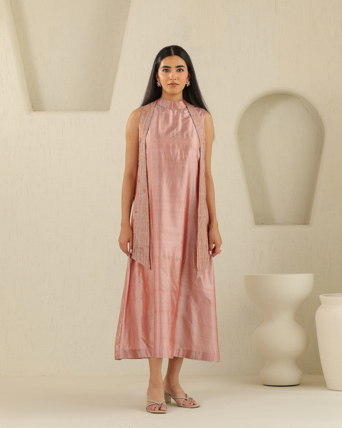 Long Tie Silk Dress - Tea Rose