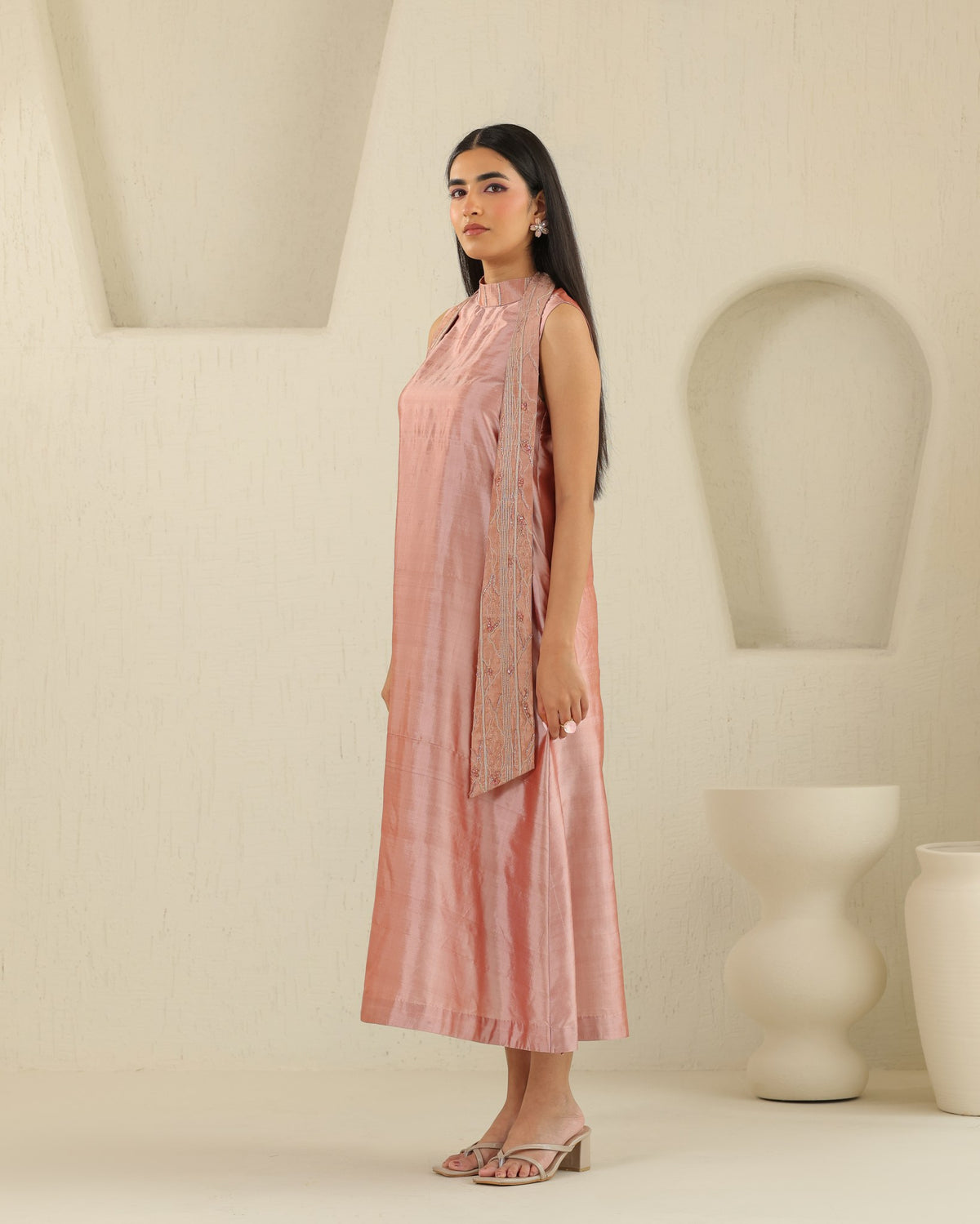 Long Tie Silk Dress - Tea Rose