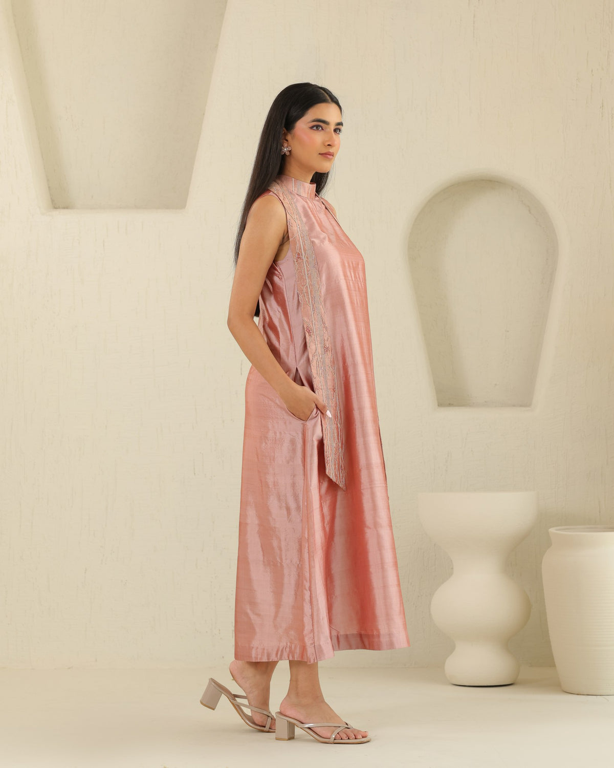 Long Tie Silk Dress - Tea Rose