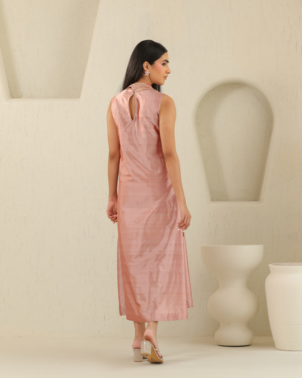 Long Tie Silk Dress - Tea Rose