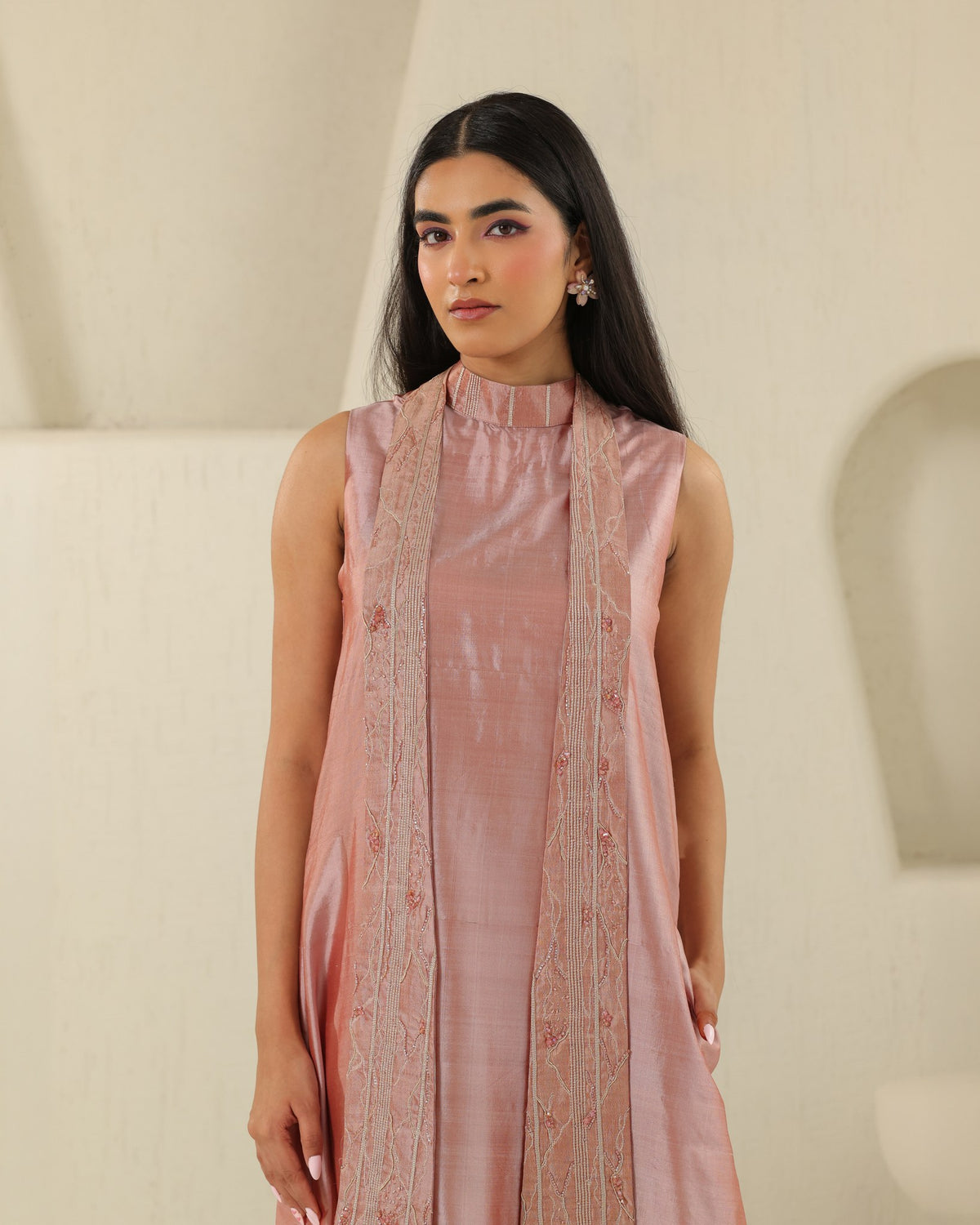 Long Tie Silk Dress - Tea Rose