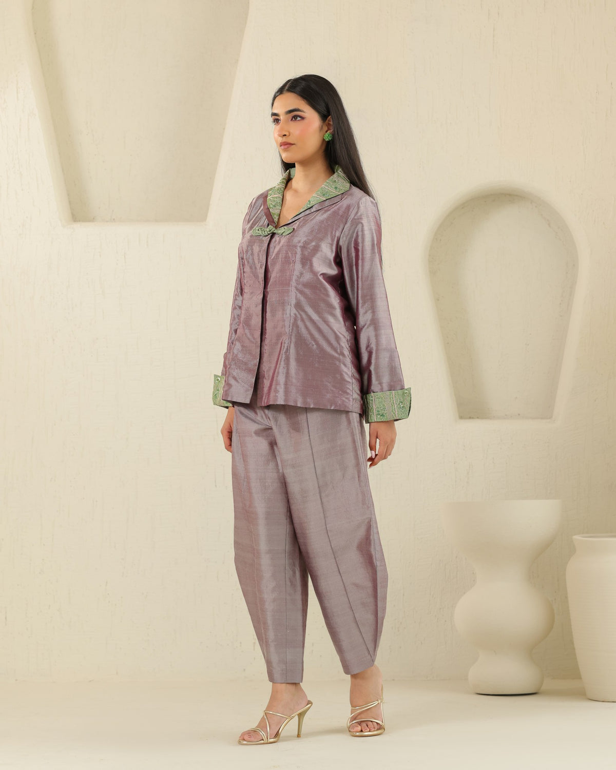 Mandarin Jacket Silk Set - Plum Ash