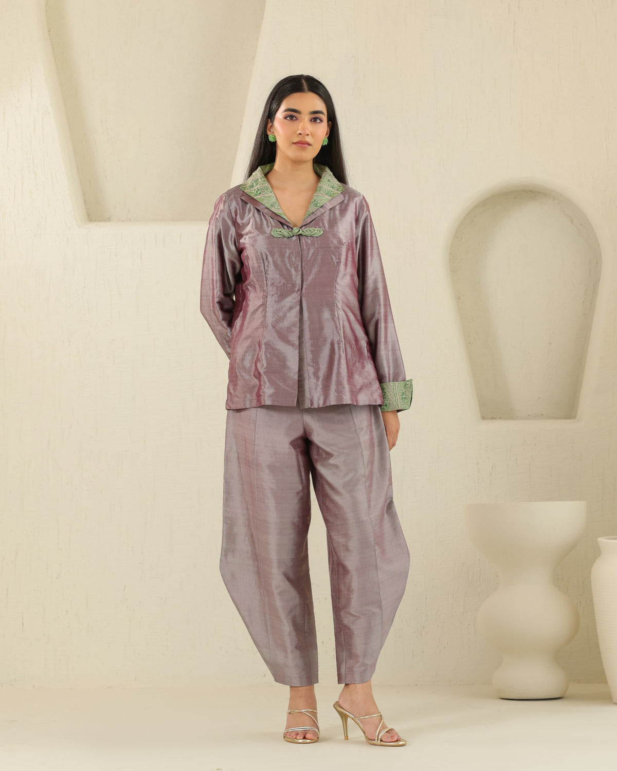 Mandarin Jacket Silk Set - Plum Ash