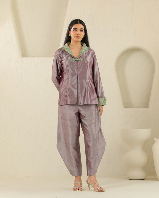 Mandarin Jacket Silk Set - Plum Ash