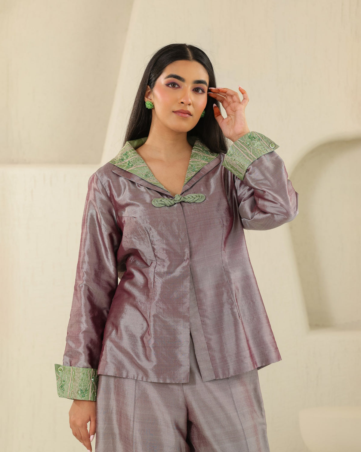 Mandarin Jacket Silk Set - Plum Ash