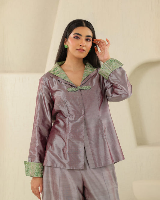 Mandarin Jacket Silk Set - Plum Ash