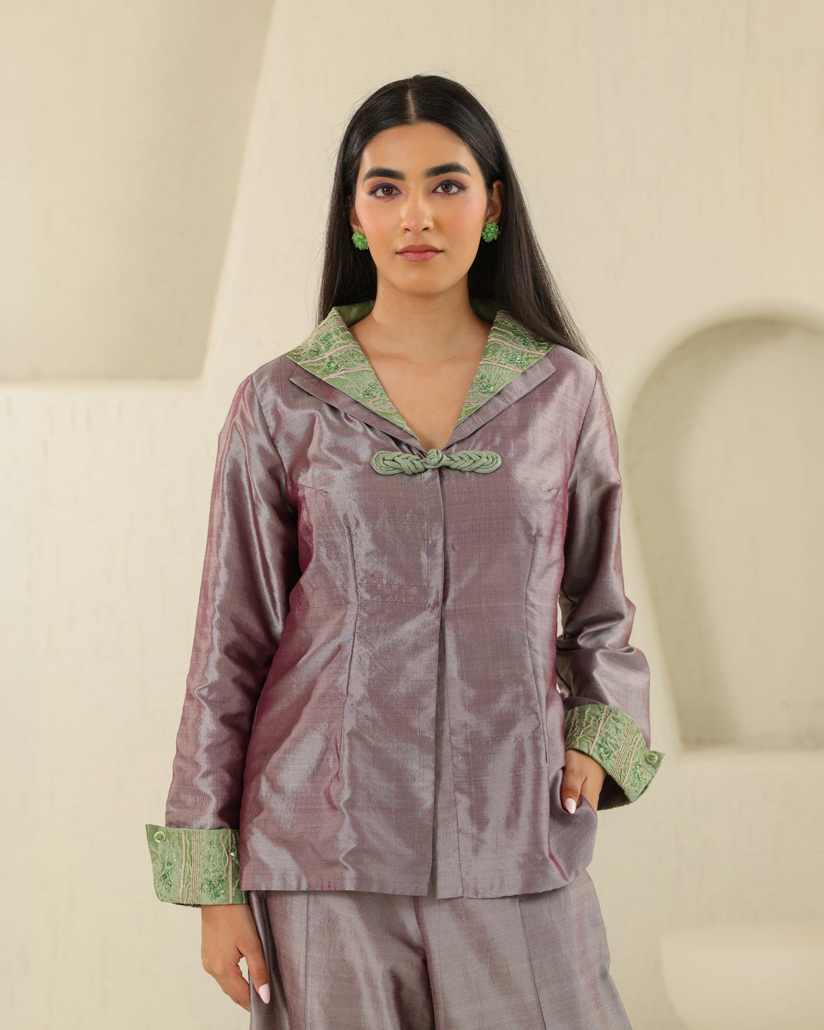 Mandarin Jacket Silk Set - Plum Ash